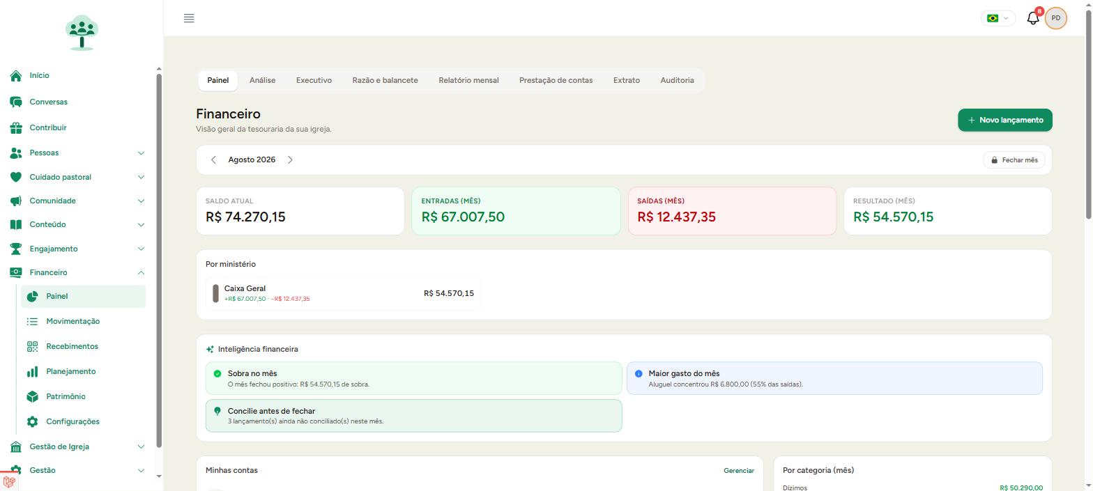 Painel financeiro do Ramo Vivo com saldo, entradas, saídas e inteligência financeira