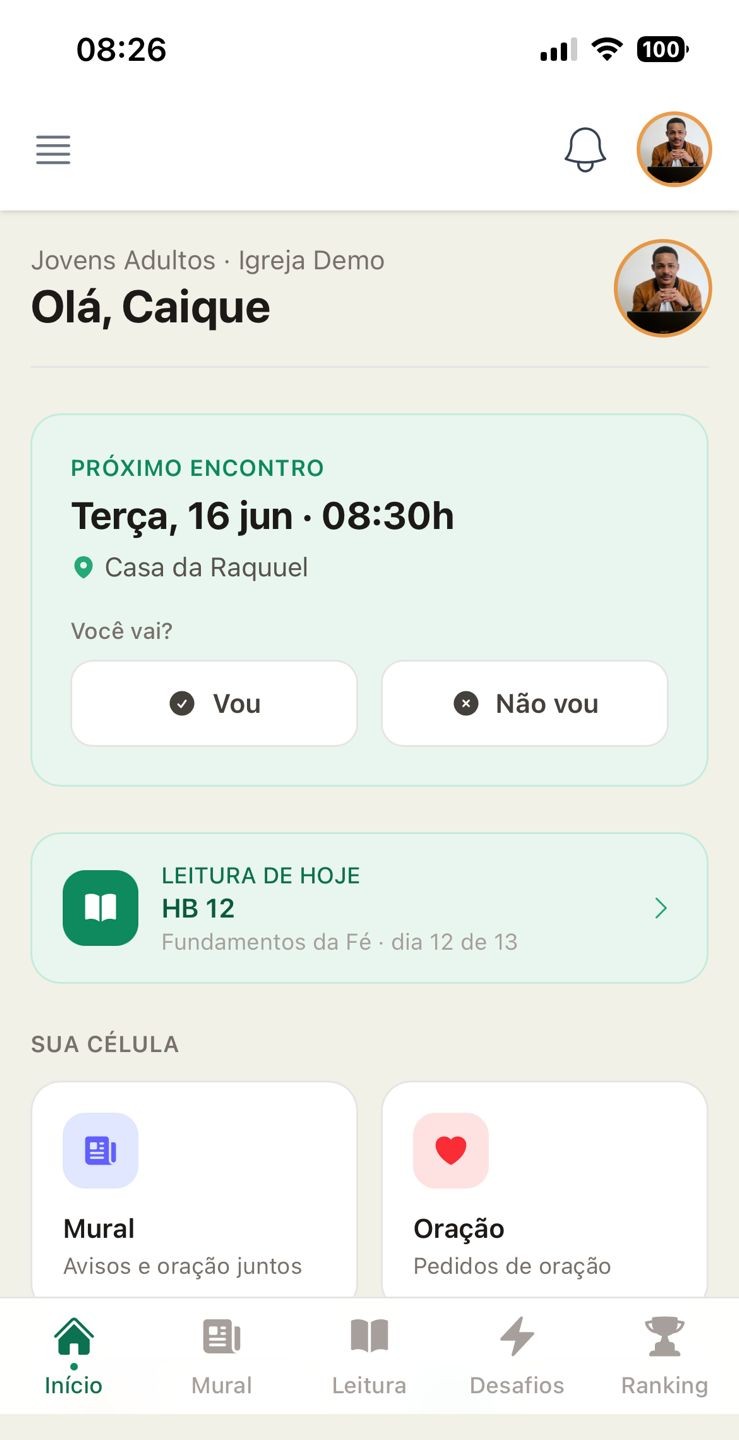 Tela inicial do membro no Ramo Vivo com próximo encontro, confirmação de presença, leitura do dia e atalhos da célula