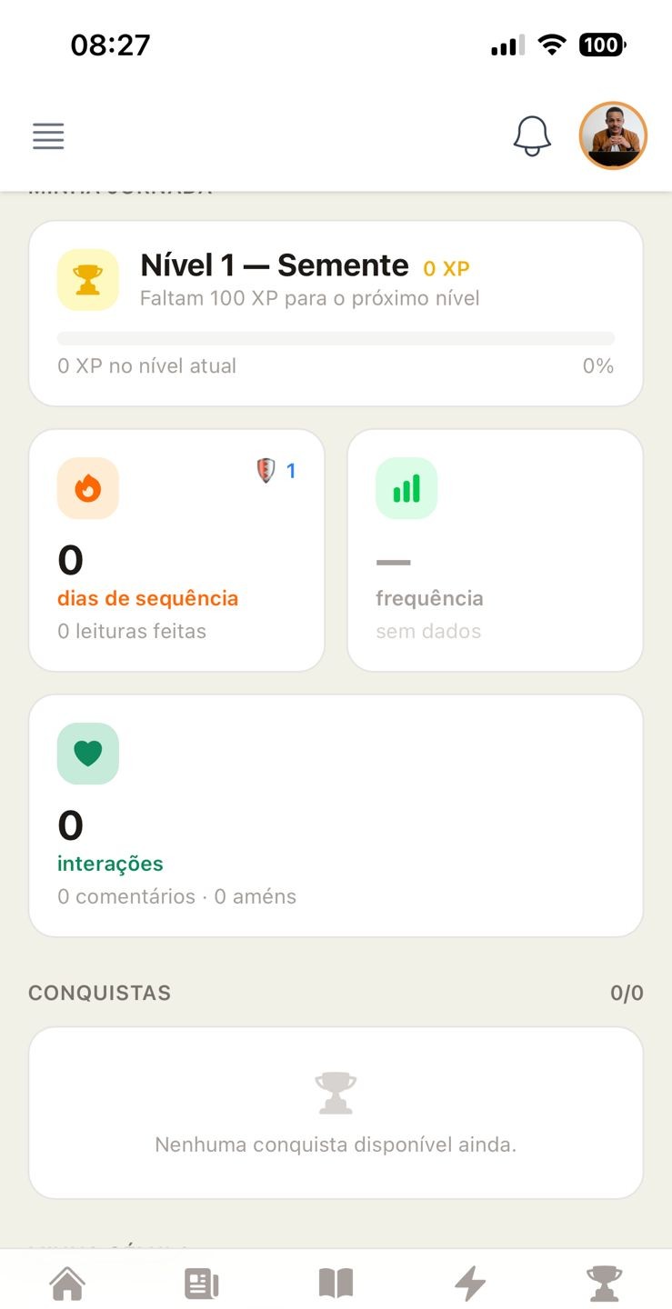 Perfil gamificado do membro no Ramo Vivo com nível, XP, dias de sequência, frequência e conquistas
