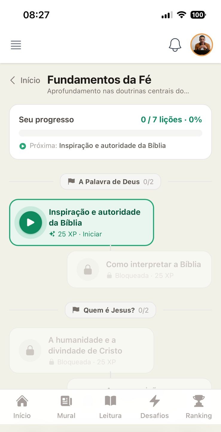 Mapa de lições de uma trilha de discipulado no Ramo Vivo com módulos, XP e lições a desbloquear